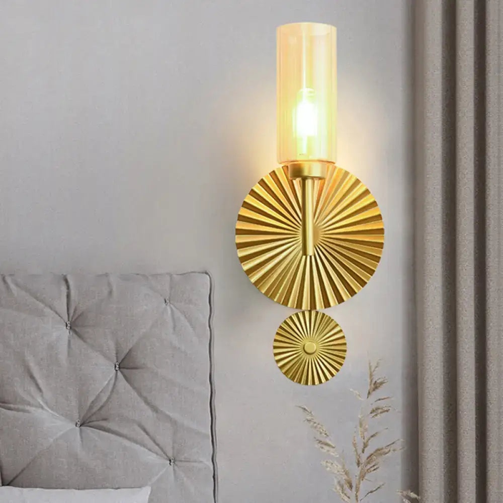 Mid century brass scalloped backplate wall sconce bedroom amber glass