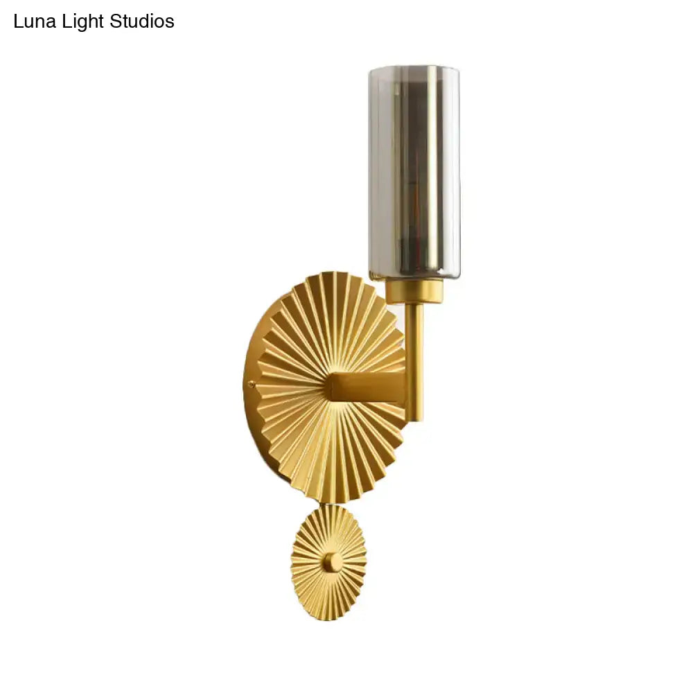 Mid century brass scalloped backplate wall sconce bedroom amber glass