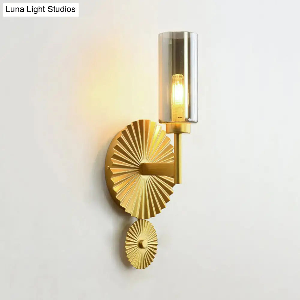 Mid century brass scalloped backplate wall sconce bedroom amber glass