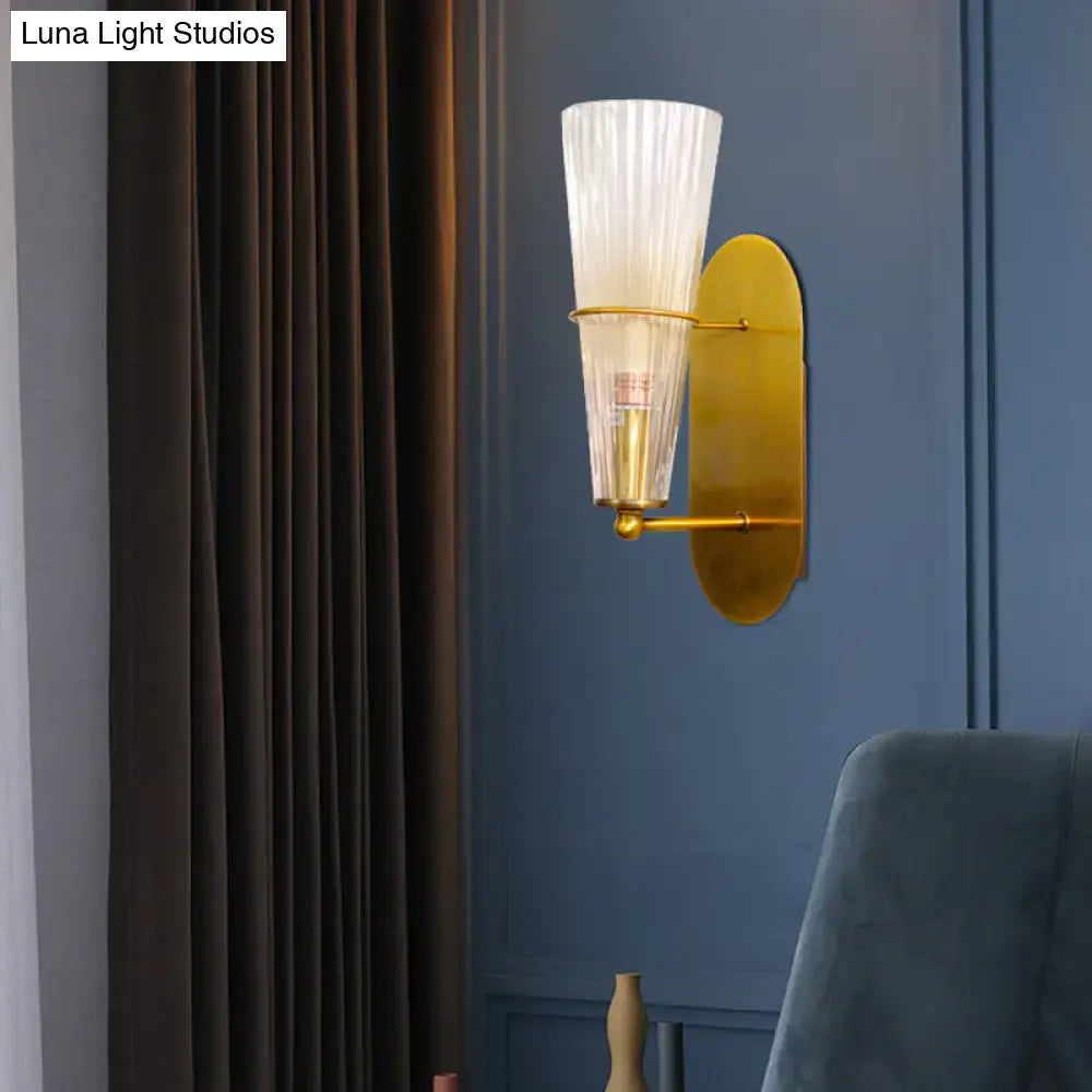 Mid century brass wall lamp – bedroom clear ribbed glass single light