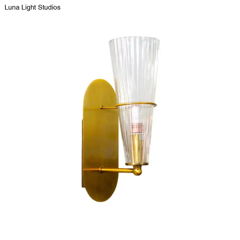 Mid century brass wall lamp – bedroom clear ribbed glass single light