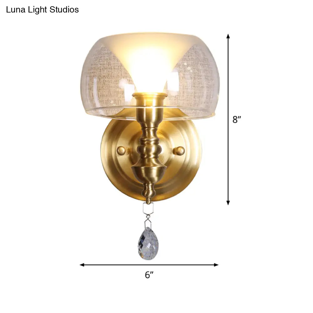 DecorBites™ Mid Century Glass Wall Sconce with Brass Base and Crystal Droplet - Perfect for Small Spaces