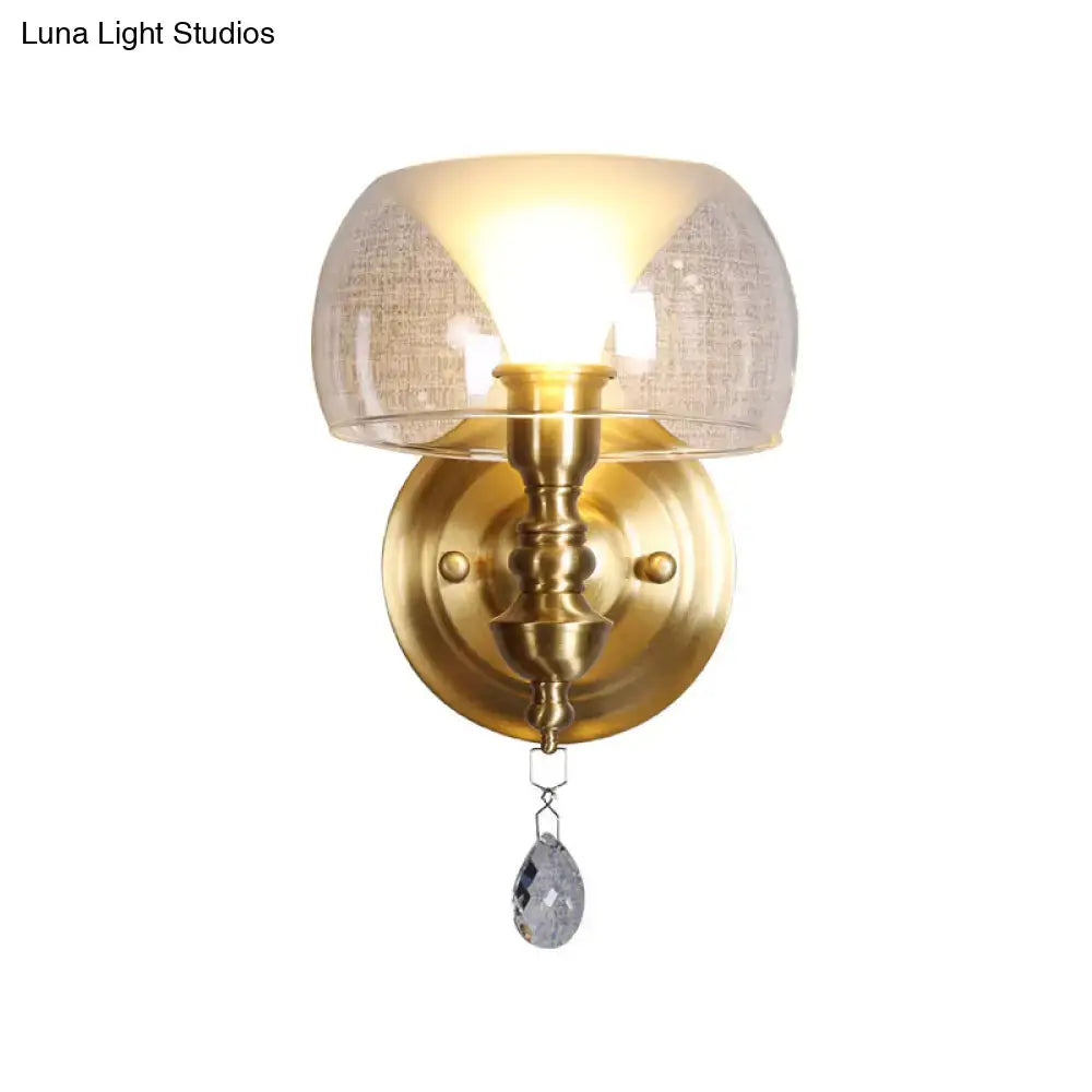 DecorBites™ Mid Century Glass Wall Sconce with Brass Base and Crystal Droplet - Perfect for Small Spaces