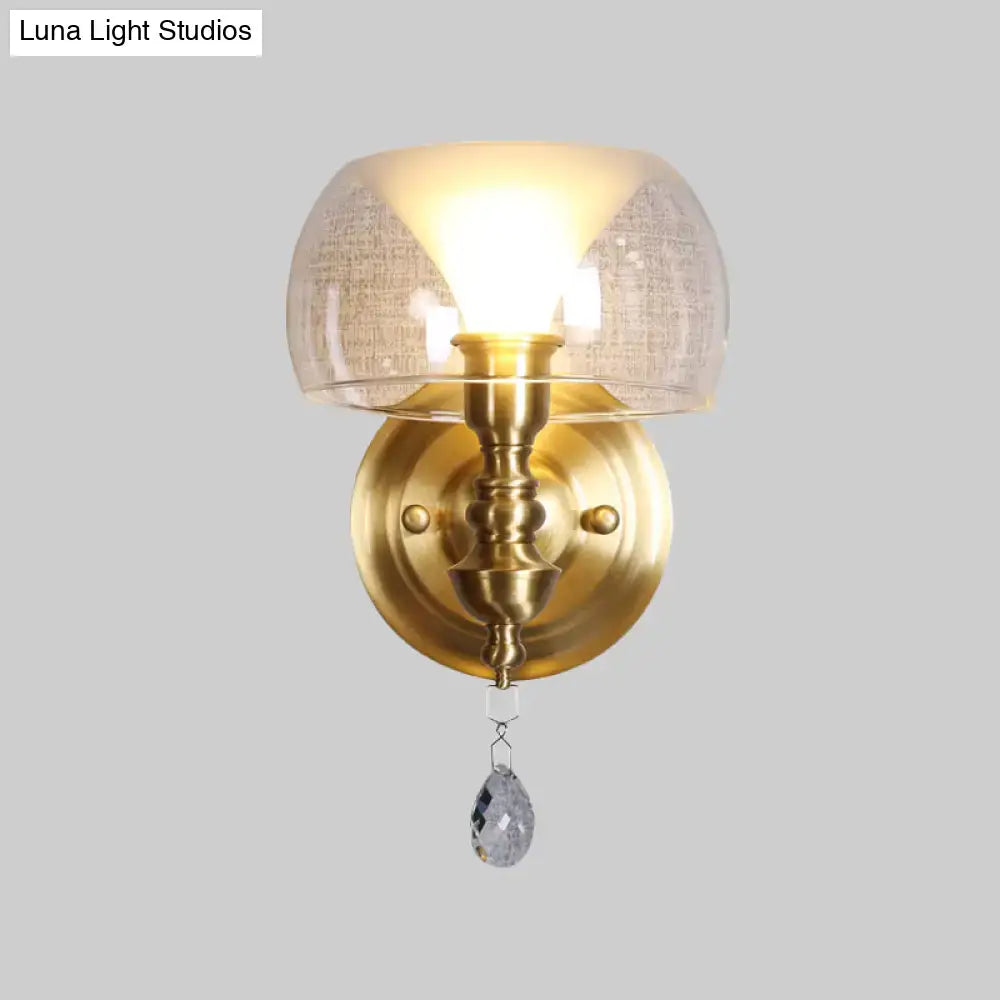 DecorBites™ Mid Century Glass Wall Sconce with Brass Base and Crystal Droplet - Perfect for Small Spaces