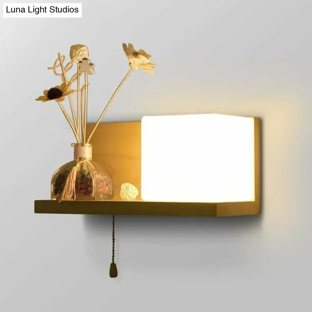 DecorBites™ Nordic Milk Glass Cube Wall Sconce with Wood Shelf, Pull Chain - 1-Bulb Wall Light