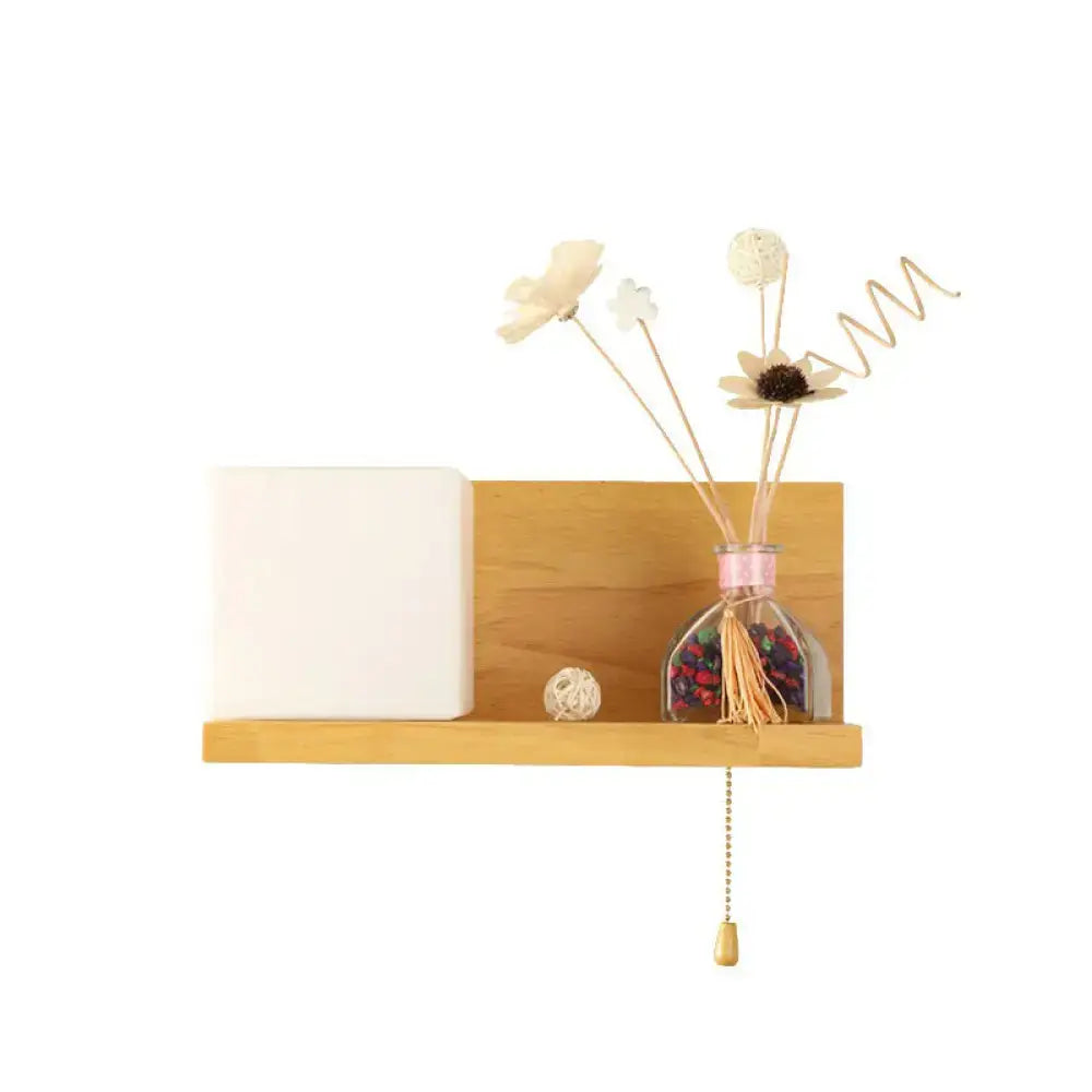 DecorBites™ Nordic Milk Glass Cube Wall Sconce with Wood Shelf, Pull Chain - 1-Bulb Wall Light