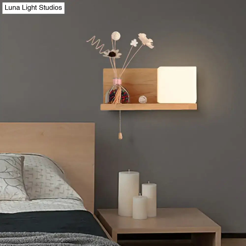 DecorBites™ Nordic Milk Glass Cube Wall Sconce with Wood Shelf, Pull Chain - 1-Bulb Wall Light