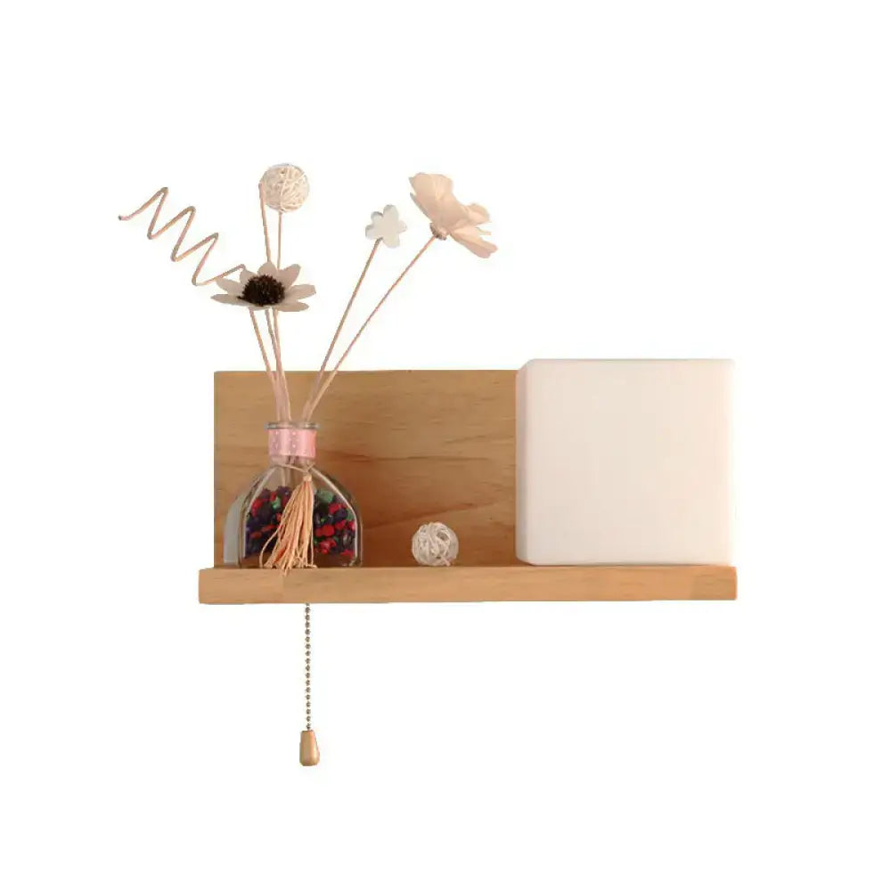 DecorBites™ Nordic Milk Glass Cube Wall Sconce with Wood Shelf, Pull Chain - 1-Bulb Wall Light
