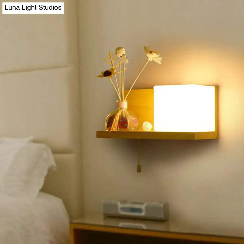 DecorBites™ Nordic Milk Glass Cube Wall Sconce with Wood Shelf, Pull Chain - 1-Bulb Wall Light