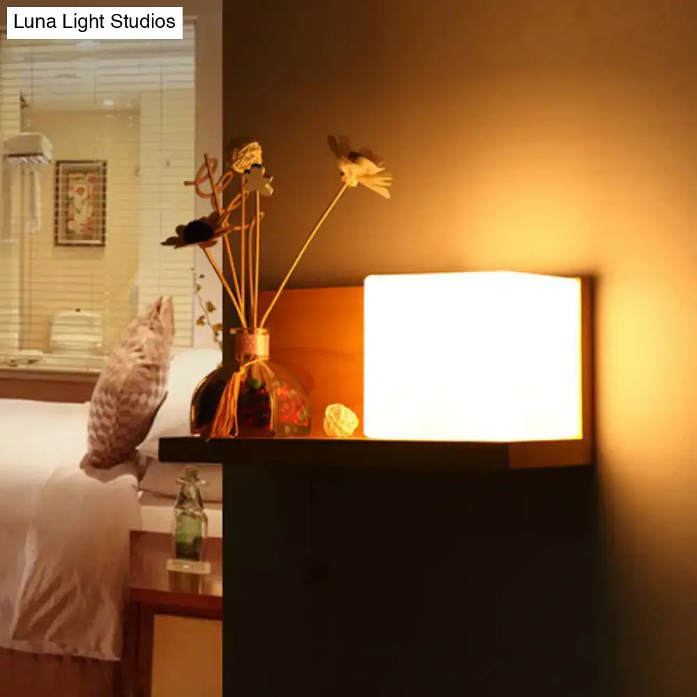 DecorBites™ Nordic Milk Glass Cube Wall Sconce with Wood Shelf, Pull Chain - 1-Bulb Wall Light
