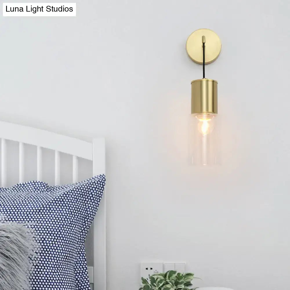 Minimal brass and glass wall sconce light bedroom curved arm lamp