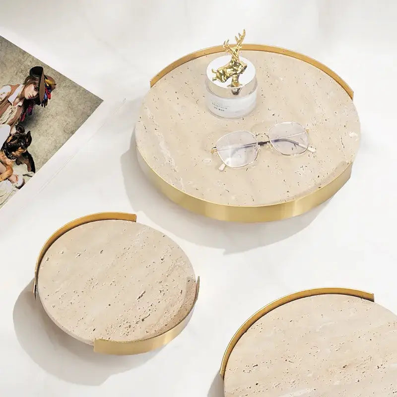 Minimalist beige brown travertine marble tray for dining room decor