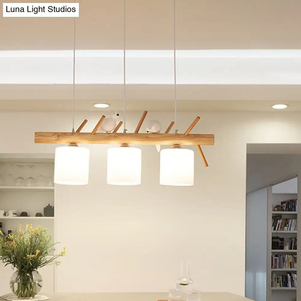 DecorBites™ Beige Drum Island Lighting: Simple 2/3 Heads Pendant Lamp with Opaque Glass and Bird on Wood Branch Design