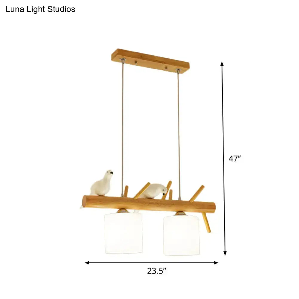 DecorBites™ Beige Drum Island Lighting: Simple 2/3 Heads Pendant Lamp with Opaque Glass and Bird on Wood Branch Design