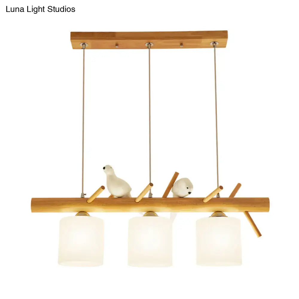 DecorBites™ Beige Drum Island Lighting: Simple 2/3 Heads Pendant Lamp with Opaque Glass and Bird on Wood Branch Design