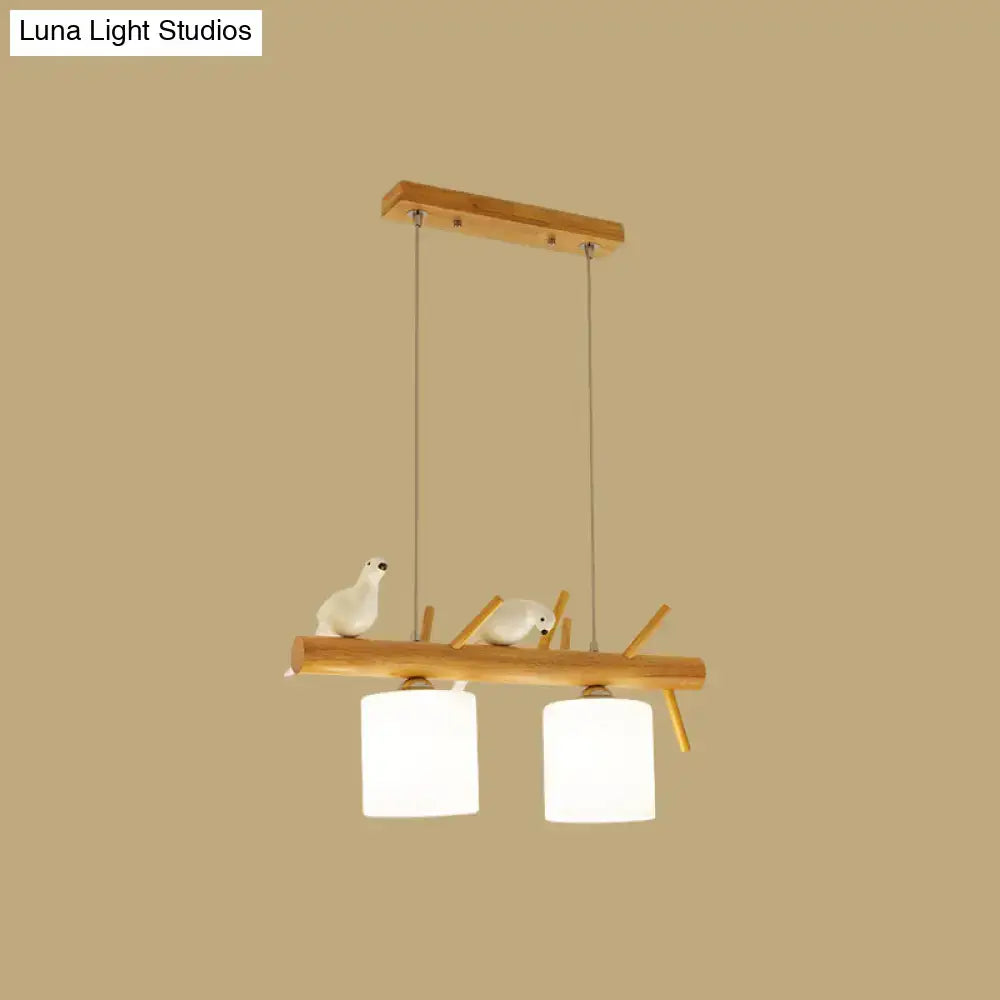 DecorBites™ Beige Drum Island Lighting: Simple 2/3 Heads Pendant Lamp with Opaque Glass and Bird on Wood Branch Design