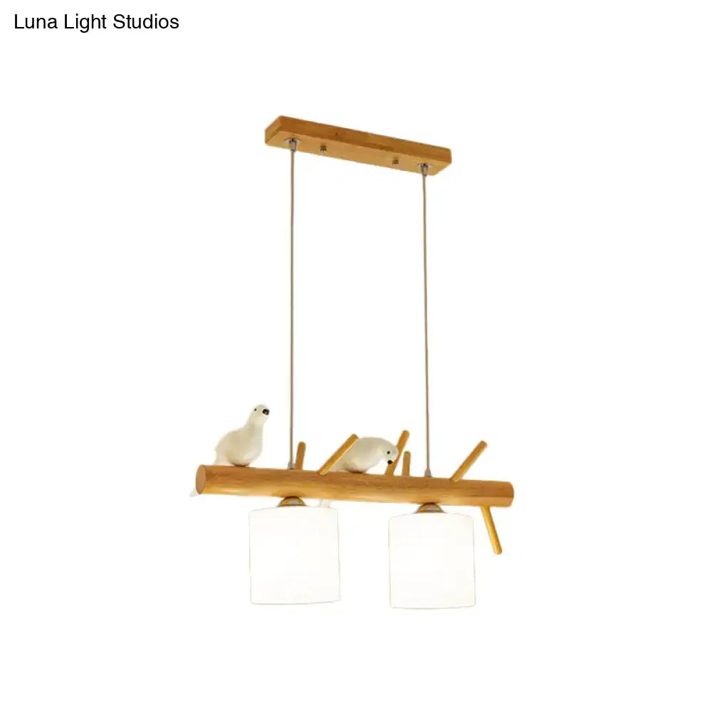 DecorBites™ Beige Drum Island Lighting: Simple 2/3 Heads Pendant Lamp with Opaque Glass and Bird on Wood Branch Design
