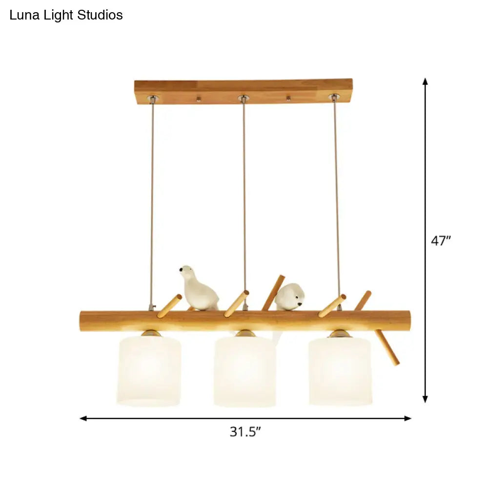 DecorBites™ Beige Drum Island Lighting: Simple 2/3 Heads Pendant Lamp with Opaque Glass and Bird on Wood Branch Design