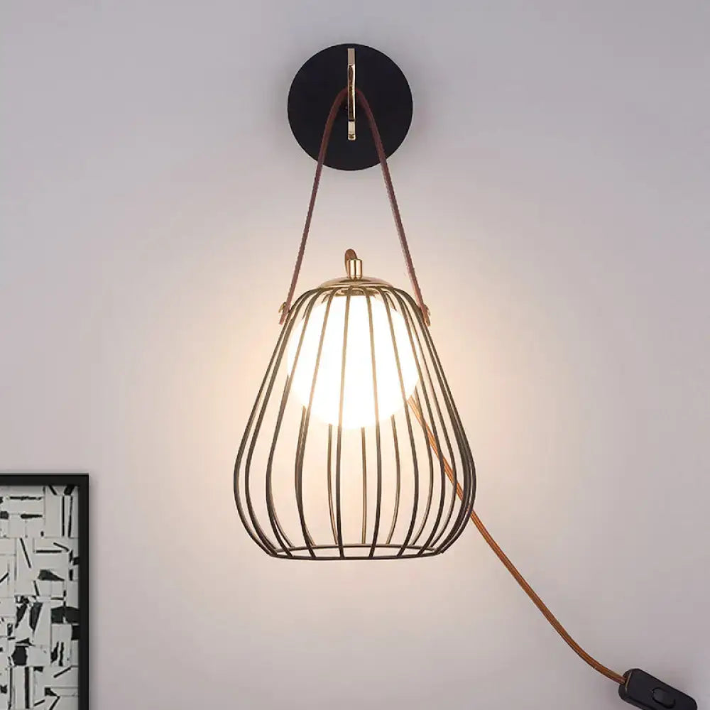 Minimalist black finish pear cage iron wall sconce bedroom light