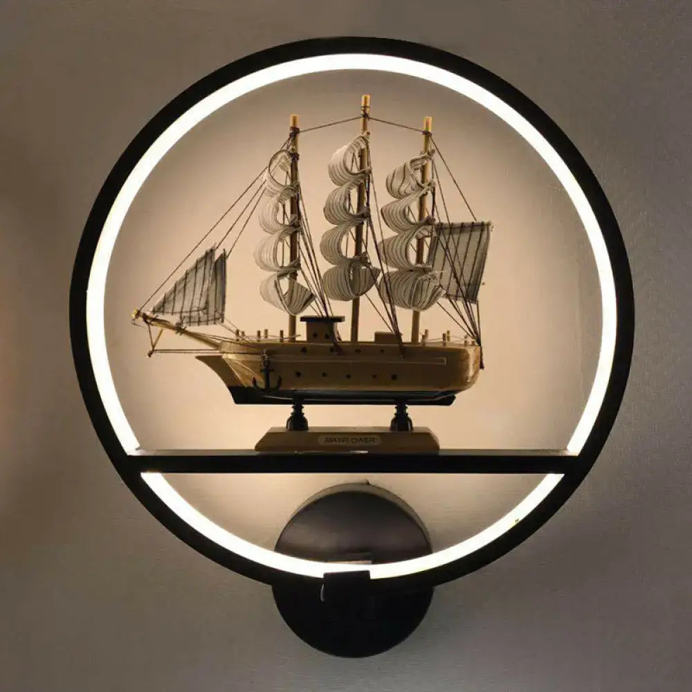 Minimalist black & white circular led wall sconce with shelf living room