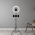 Minimalist black & white mobile phone holder with ring light bedroom