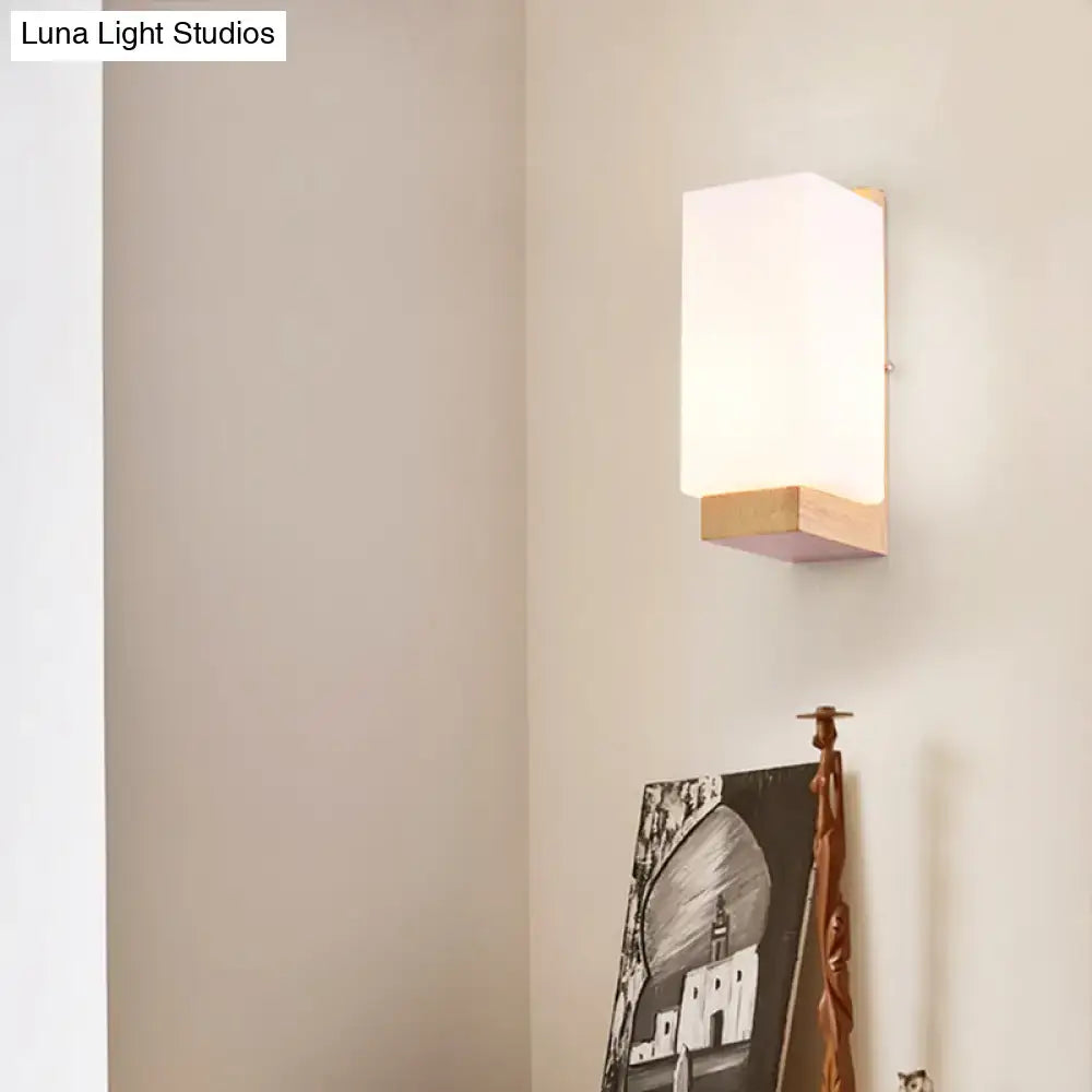 DecorBites™ Minimalist Geometric Stairs Wall Sconce - Cream Glass Single Flush Light in Wood