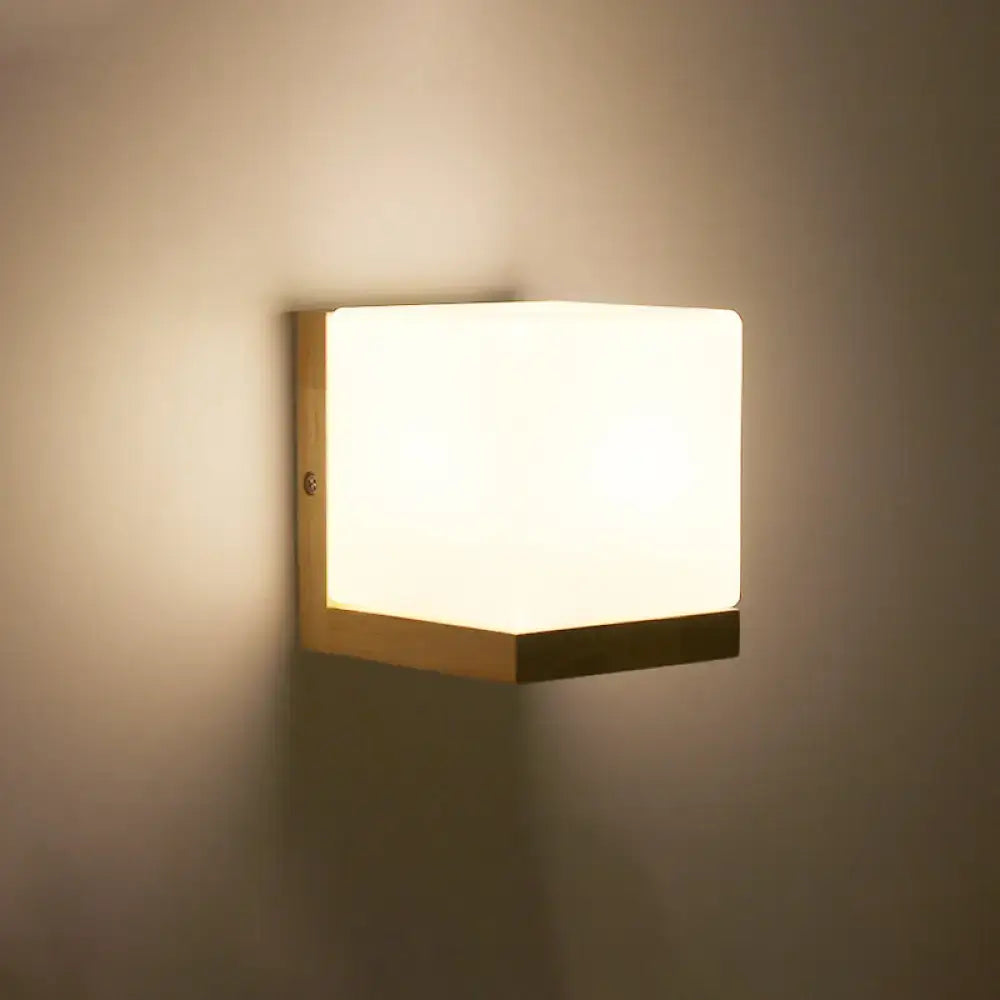 DecorBites™ Minimalist Geometric Stairs Wall Sconce - Cream Glass Single Flush Light in Wood