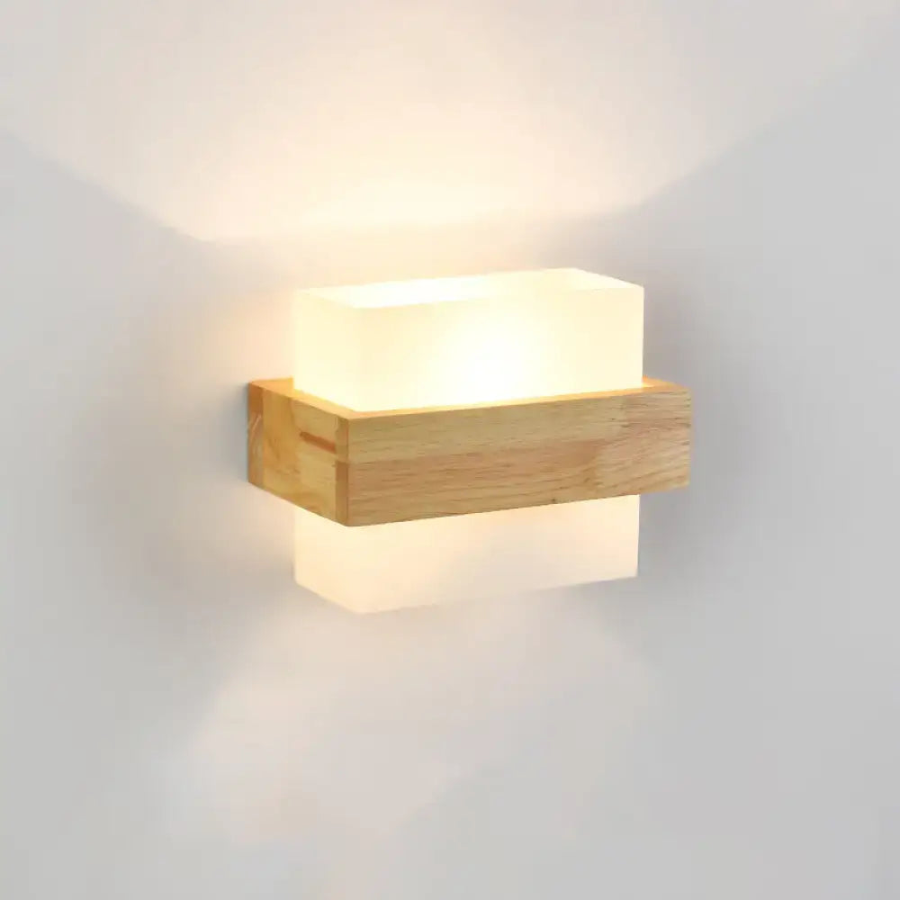 DecorBites™ Minimalist Geometric Stairs Wall Sconce - Cream Glass Single Flush Light in Wood