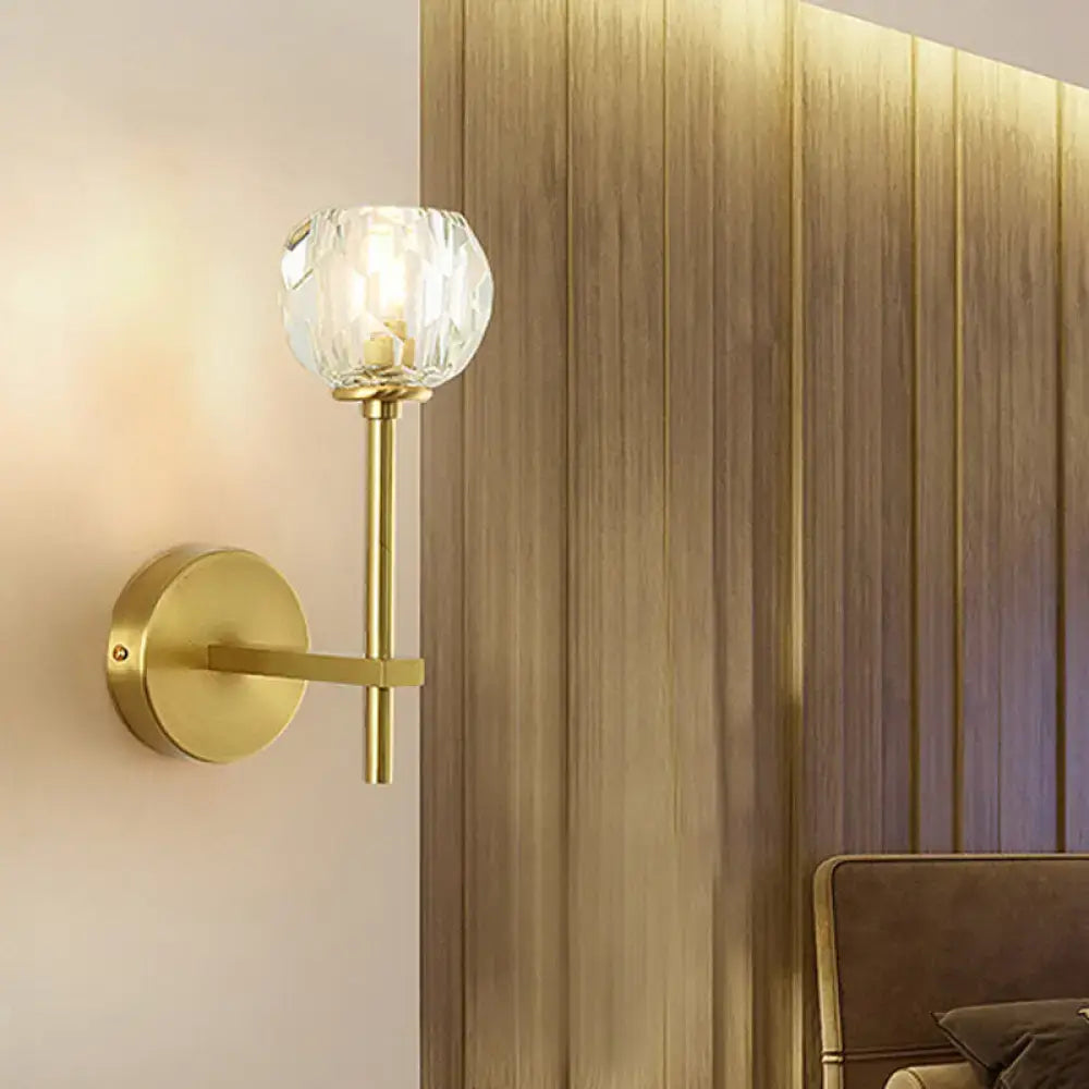 Minimalist brass faceted crystal wall sconce bedroom light direct wired
