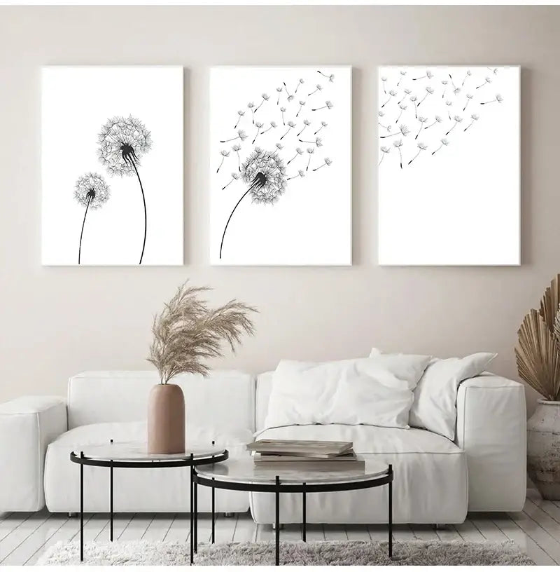Minimalist dandelion canvas art set with gold frames for living room