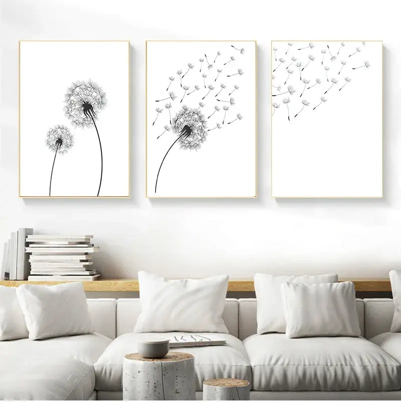 Minimalist dandelion canvas art set with gold frames for living room