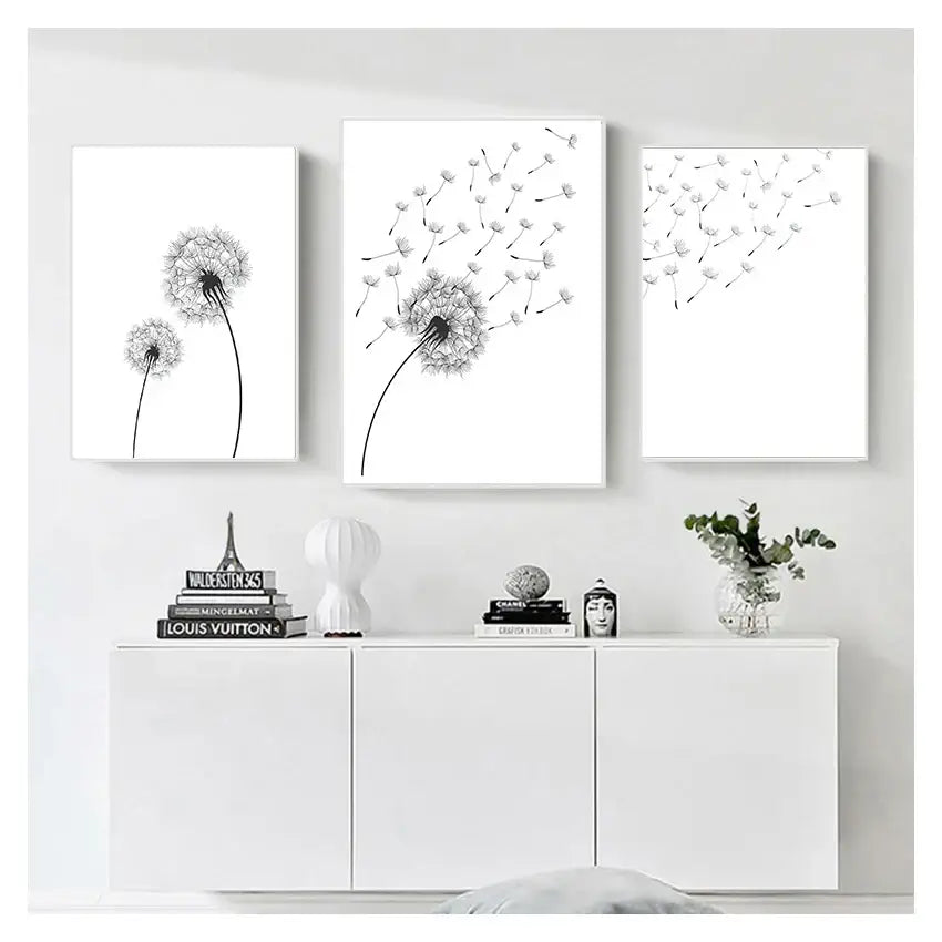 Minimalist dandelion canvas art set with gold frames for living room