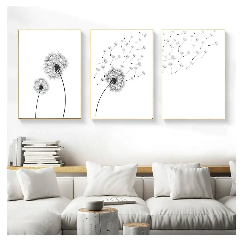 Minimalist dandelion canvas art set with gold frames for living room