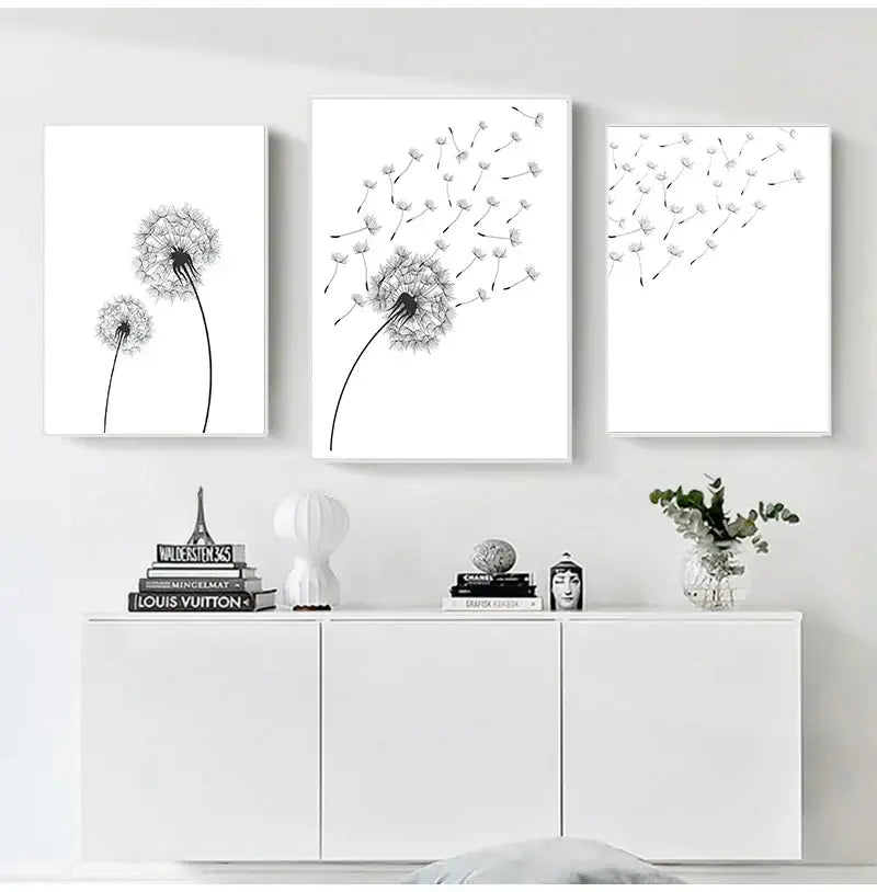 Minimalist dandelion canvas art set with gold frames for living room