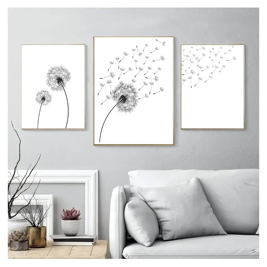 Minimalist dandelion canvas art set with gold frames for living room