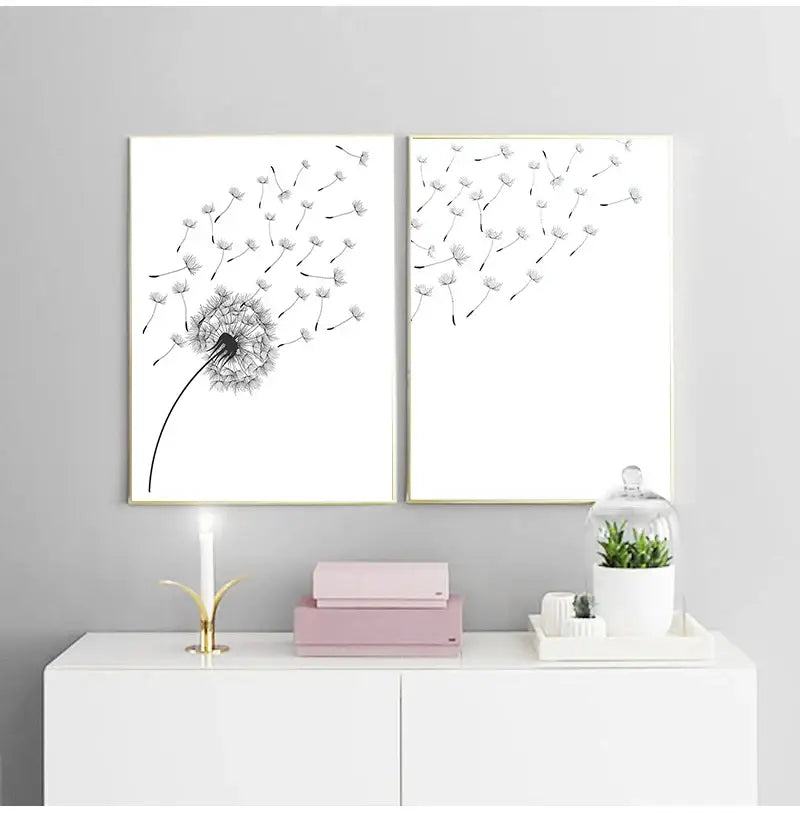 Minimalist dandelion canvas art set with gold frames for living room