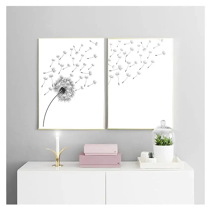 Minimalist dandelion canvas art set with gold frames for living room