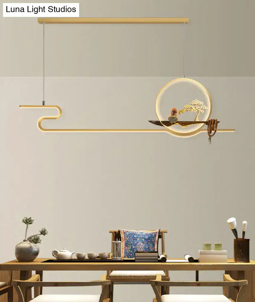 DecorBites™ Minimalist Linear Hanging Lamp with Metal Frame, LED Lighting, Monk and Tree Design – Ideal for Study Room and Island Décor