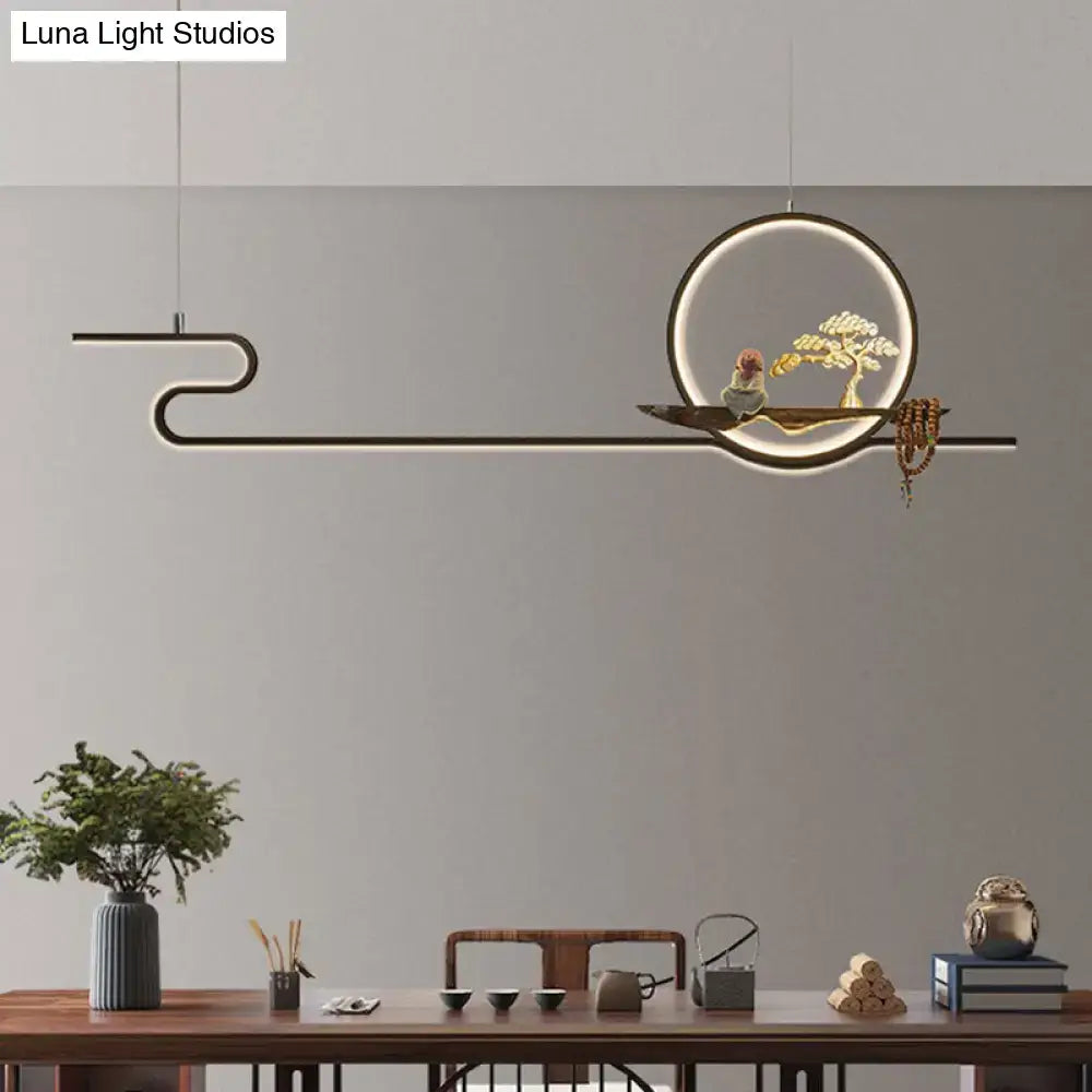 DecorBites™ Minimalist Linear Hanging Lamp with Metal Frame, LED Lighting, Monk and Tree Design – Ideal for Study Room and Island Décor