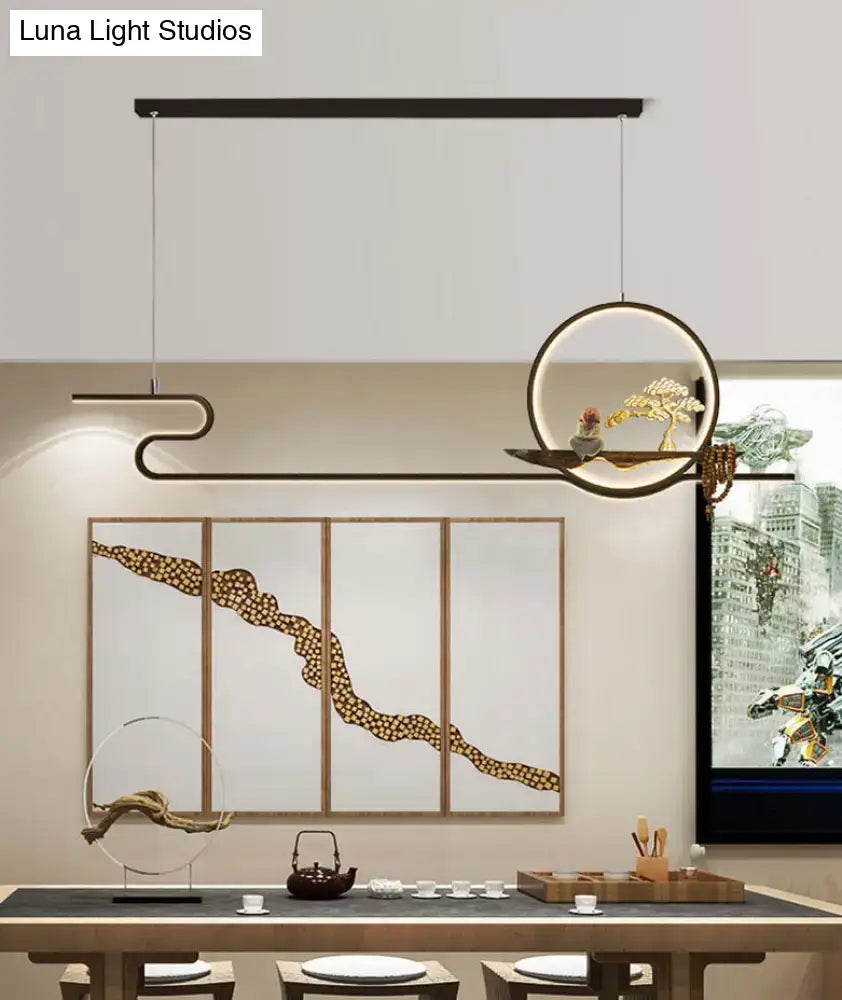 DecorBites™ Minimalist Linear Hanging Lamp with Metal Frame, LED Lighting, Monk and Tree Design – Ideal for Study Room and Island Décor