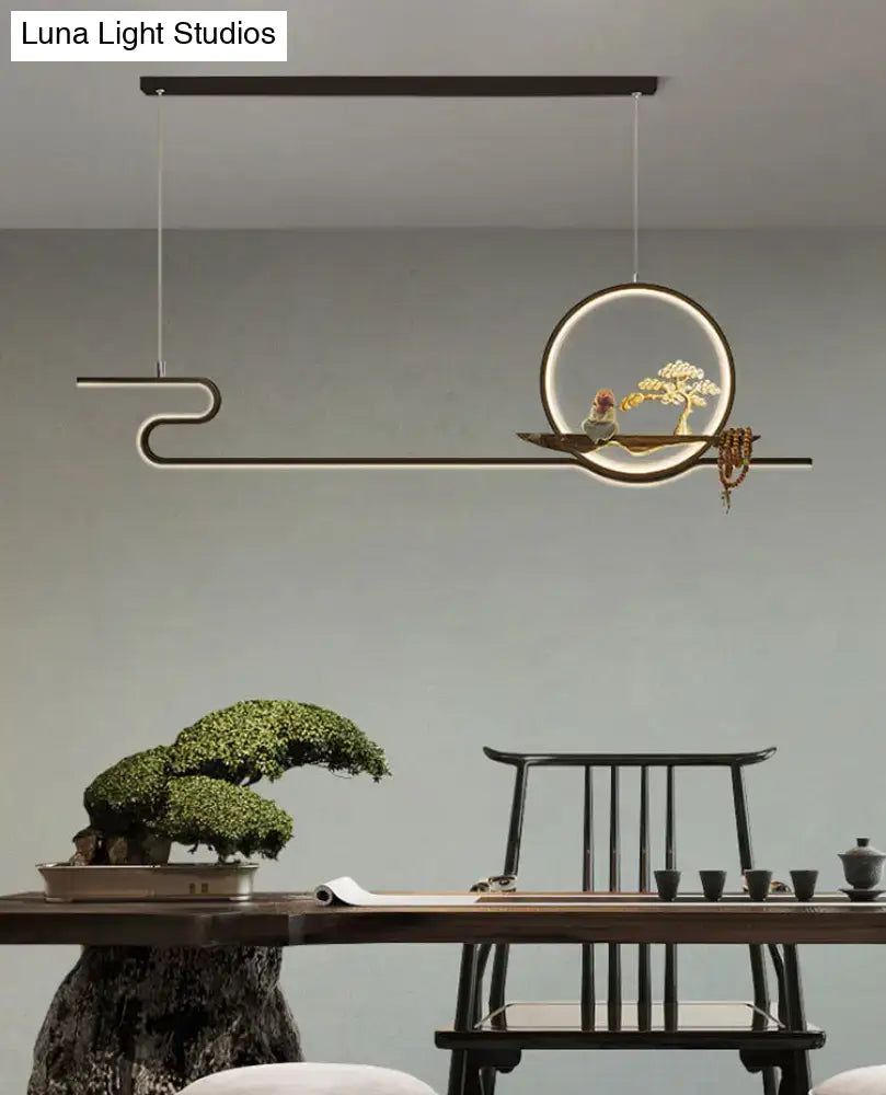 DecorBites™ Minimalist Linear Hanging Lamp with Metal Frame, LED Lighting, Monk and Tree Design – Ideal for Study Room and Island Décor