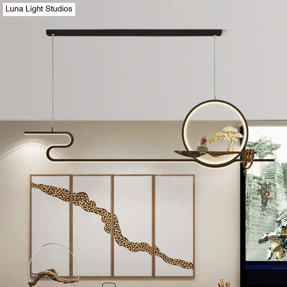 DecorBites™ Minimalist Linear Hanging Lamp with Metal Frame, LED Lighting, Monk and Tree Design – Ideal for Study Room and Island Décor