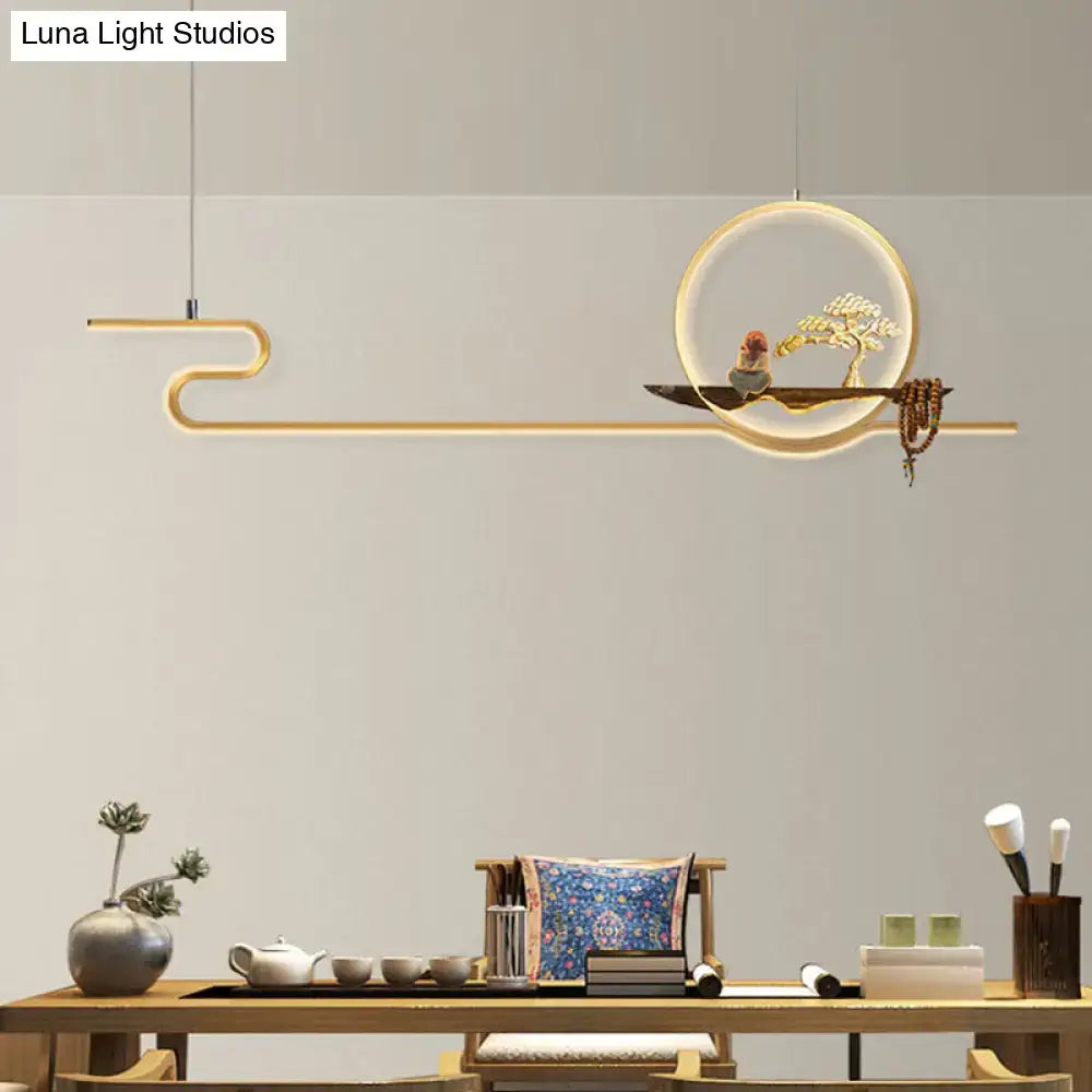 DecorBites™ Minimalist Linear Hanging Lamp with Metal Frame, LED Lighting, Monk and Tree Design – Ideal for Study Room and Island Décor