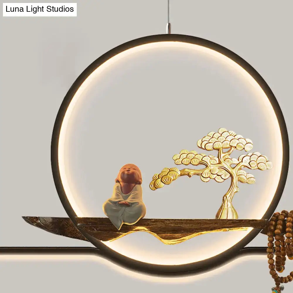 DecorBites™ Minimalist Linear Hanging Lamp with Metal Frame, LED Lighting, Monk and Tree Design – Ideal for Study Room and Island Décor