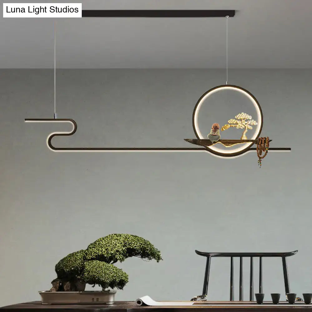 DecorBites™ Minimalist Linear Hanging Lamp with Metal Frame, LED Lighting, Monk and Tree Design – Ideal for Study Room and Island Décor
