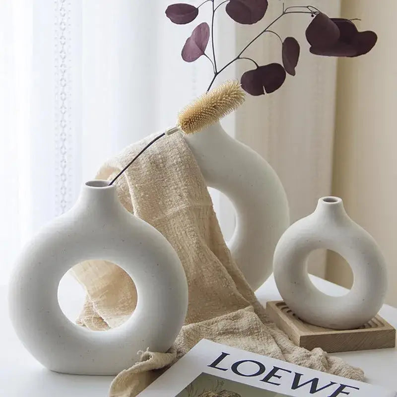 Minimalist white decorbites ceramic donut vase set living room