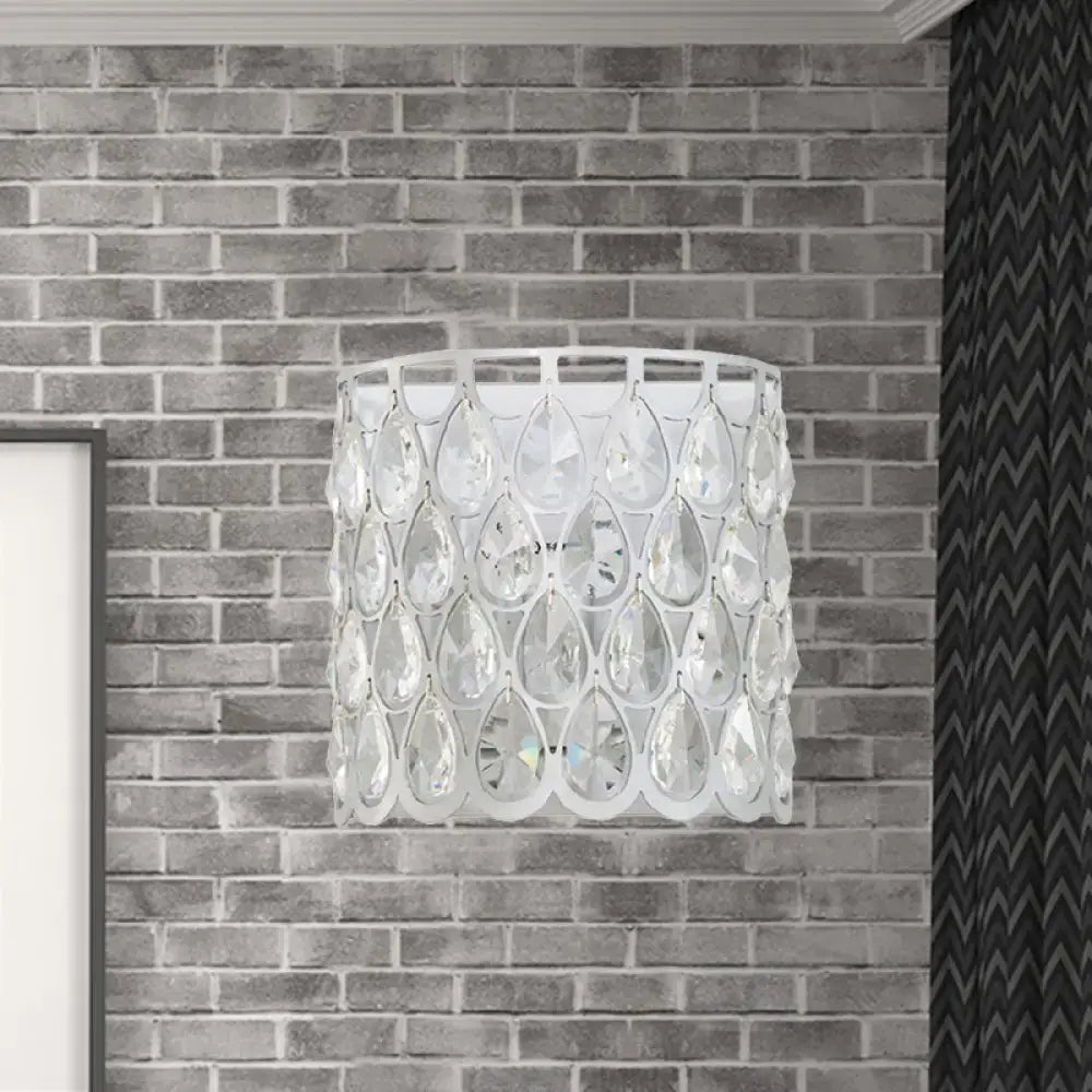Minimalist white wall lamp with clear crystal teardrop for bedroom