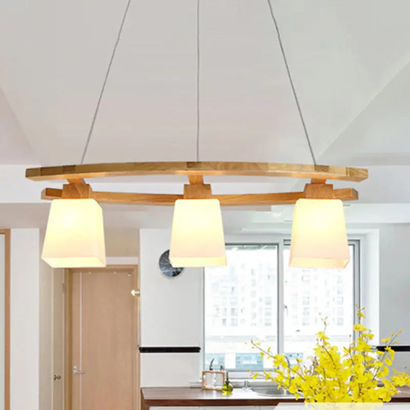 DecorBites™ Ivory Glass Trapezoid Island Lamp - 3-Bulb Minimalist Pendant Light in Wood for Dining Room