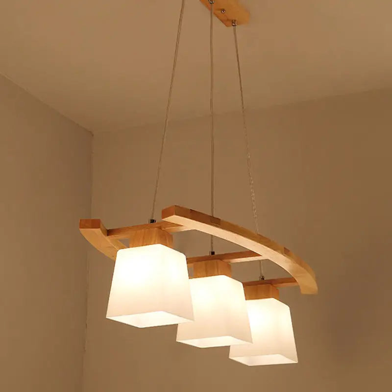 DecorBites™ Ivory Glass Trapezoid Island Lamp - 3-Bulb Minimalist Pendant Light in Wood for Dining Room
