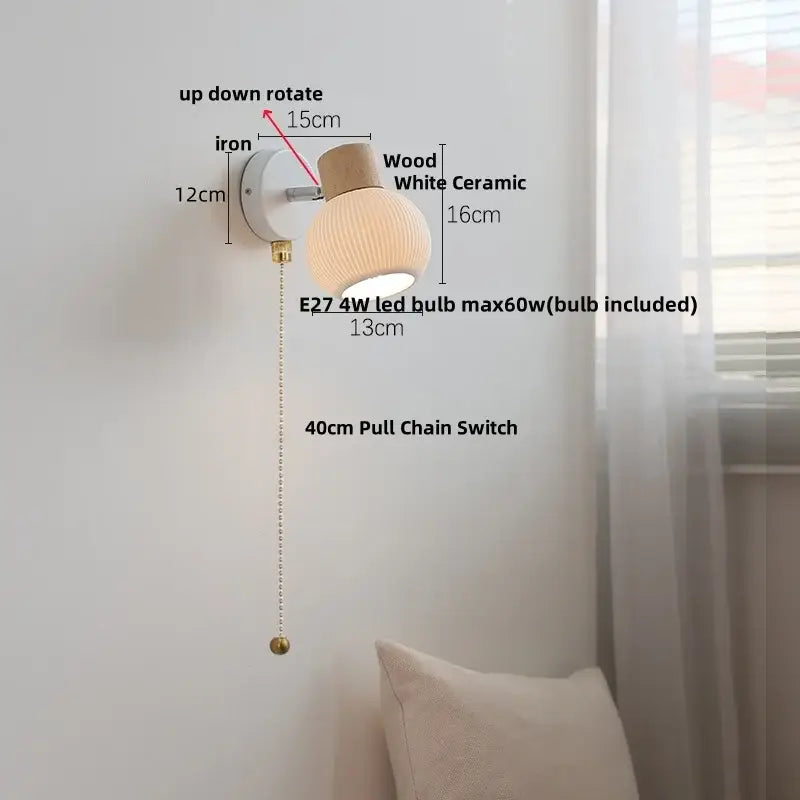 Minimalist wood and white ceramic led wall light bedroom lamp